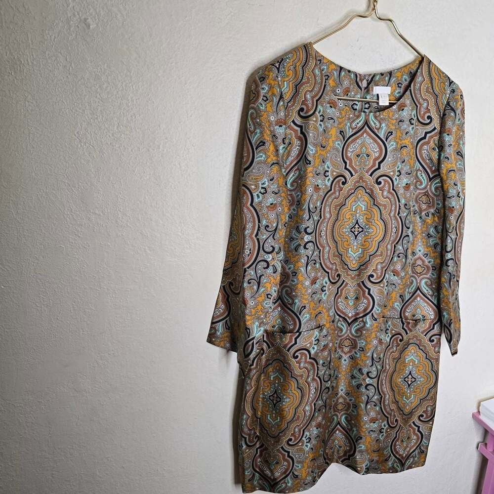 J.Crew Collection Medallion Print 100% Silk Bell Sleeve Tunic Dress - Picture 6 of 8